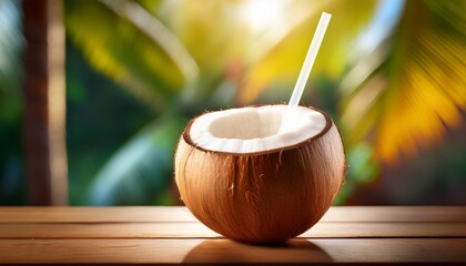 delicious coconut beverage with a straw positioned rightward against a defocused background ideal for product branding purposes
