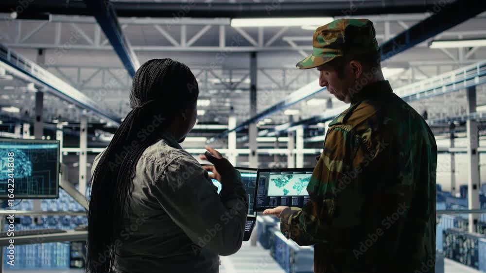 Poster military commander and female programmer in data center tracking coordinates using notebook software