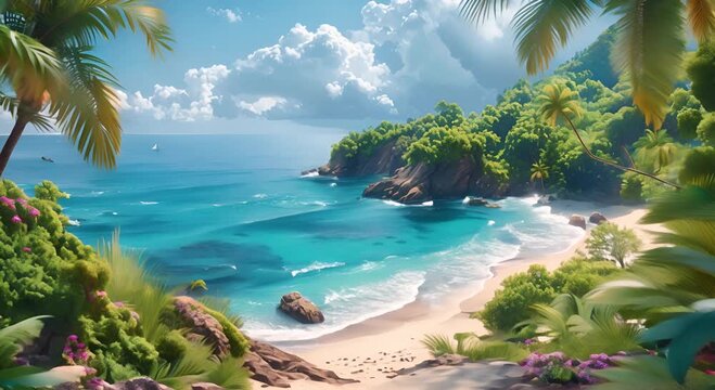 serene coastal paradise azure skies lush vegetation and sparkling ocean