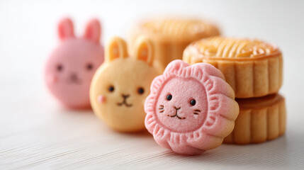 Colorful, cute animal-shaped pastries sit alongside traditional mooncakes, creating a delightful scene of playful confectionery.