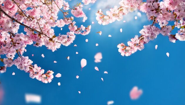 delicate cherry blossoms with pink petals gently falling against bright blue sky