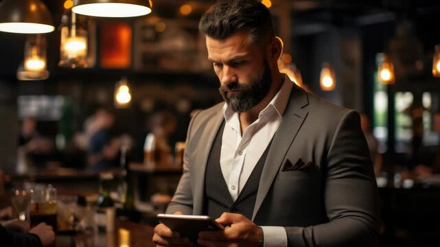 A man in a suit and sunglasses looking at his tablet, contemplating something, possibly a business matter or social media post.