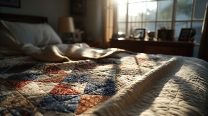 Charming patchwork quilt draped on a plush bed creating a cozy atmosphere in a beautifully decorated bedroom