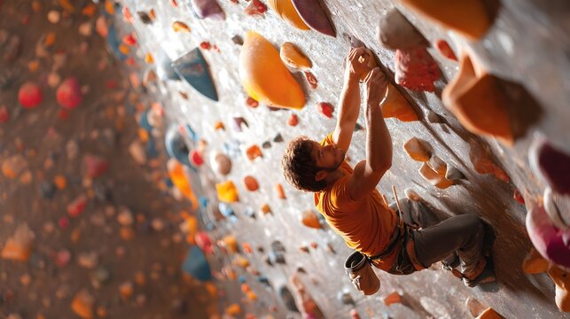 A male rock climber is reaching for the next hold on the climbing wall with a determined expression.