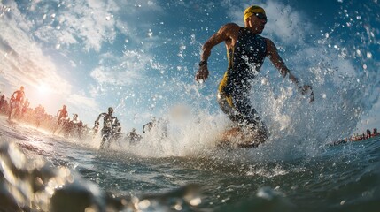 Triathletes burst into the water at the start of a triathlon swimming race.