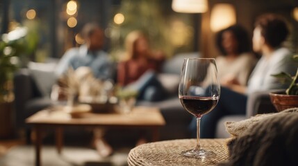 Full glass of red wine resting on a wicker table in the foreground, while friends relax and chat on a comfortable sofa in a cozy, dimly lit living room