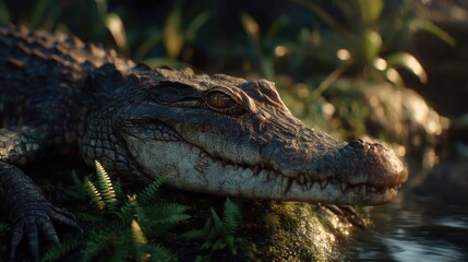 Obraz premium Detailed close-up shot of an alligator resting near water in a natural environment