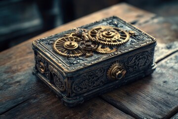 Ornate metal box adorned with intricate gearwork and floral designs, resting on a rustic wooden surface.