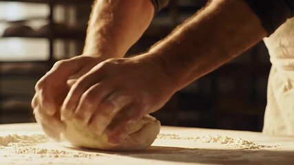 Artisanal Bread Making The Baker's Hands Kneading Dough on a Floured Wood Table Under a Warm Light Displaying Skill and Traditional Baking Techniques Ready to Bake Featuring Culinary Passion and