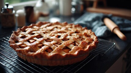 Perfectly baked pie sitting on a wire rack in a cheerful kitchen surrounded by baking ingredients and utensils
