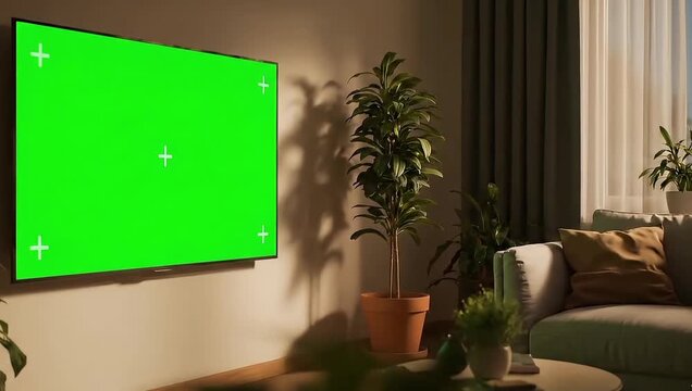 A stylish living room setup with a green screen TV, perfect for showcasing your content. Features a sofa, plants, and natural light.