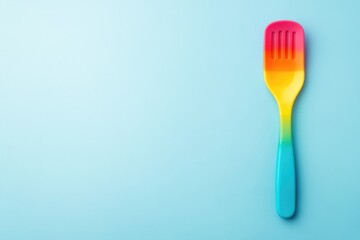 A colorful rainbow spatula stands out against a minimalist blue background, showcasing kitchen tools.