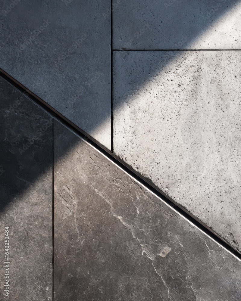 Poster abstract view of textured stone floor with play of light and shadow in geometric arrangement and con