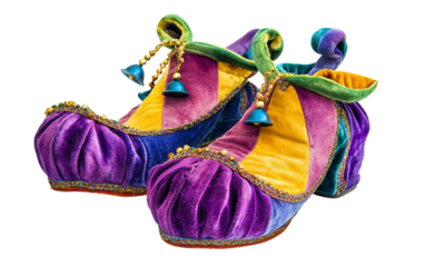 Colorful jester shoes with curled toes and bells representing festive costume and playful celebration style isolated on transparent background PNG