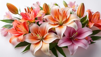 Fototapeta premium colorful lily bouquet with pink and orange flowers on white background for elegant decor
