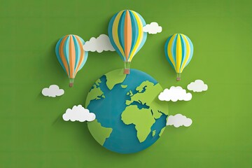 Colorful hot air balloons floating over a stylized Earth globe
