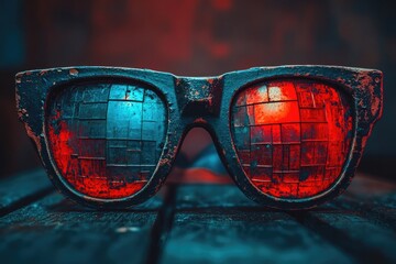 Abstract image of old-fashioned sunglasses with reflective lenses showing red and blue pixelated patterns against a blurred background.