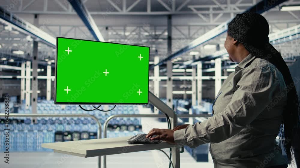 Poster software developer in server hub using chroma key workstation to scan equipment for issues. african 