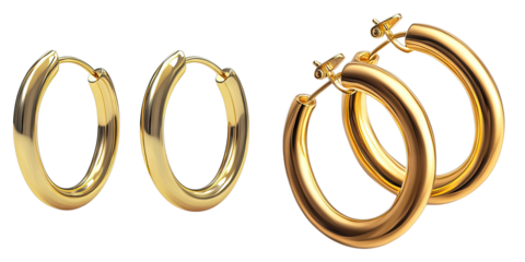 Set of elegant gold hoop earrings isolated on transparent background