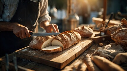 Skilled man expertly cutting freshly baked bread on a wooden board in a cozy kitchen setting with natural light
