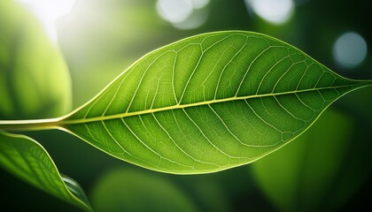 Obraz premium close up of a green leaf with visible veins and soft blur background for botanical illustrations