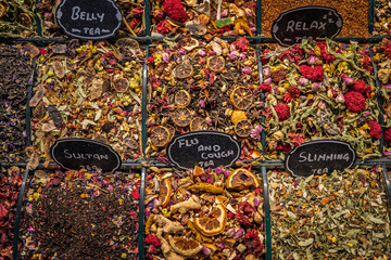 Colorful dried fruit and flowers tea mixes, Egyptian Bazaar in Istanbul, Turkey