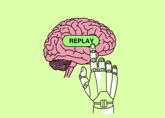 Robot hand poised to press a "replay" button on a human brain
