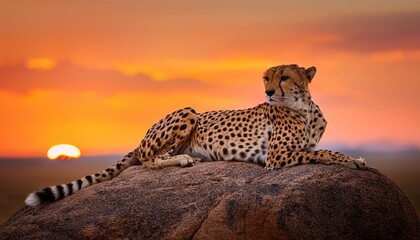 Obraz premium cheetah resting on a rock under the warm glow of the sunset in the african savanna