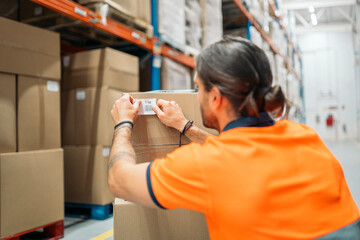 Warehouse worker applying label on cardboard box in logistics center