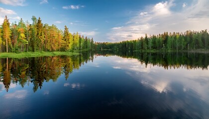 calm waters mirror an enchanting forest in karelia where gentle reflections create a peaceful oasis inviting exploration and tranquility in natures embrace generative ai