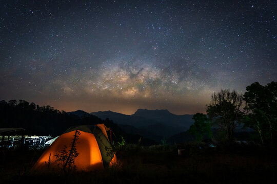 Beautiful landscape of Milky Way at Doi Luang Chiang Dao Mountain Peak viewpoint in the National Park at the Chiang Dao Camp site.