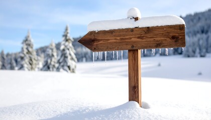 Sturdy Wooden Signpost Covered in Snow with Icicles Hanging from the Edges