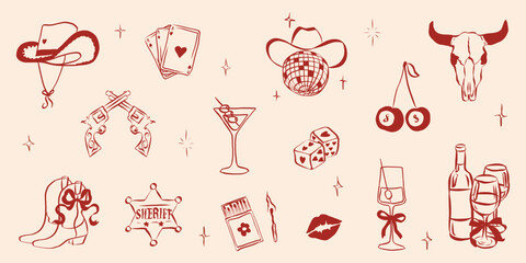 Cowgirl and cowboy set in hand drawn coquette style. Retro whimsical icons for groovy girls birthday party. Trendy and cute art for bachelorette invitation. Doodle aesthetic vector illustration