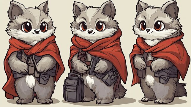Fototapeta Charming illustrated cartoon gray wolf cubs dressed as adventurers with red capes