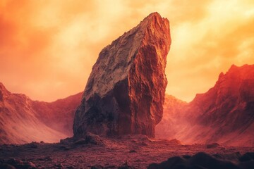 Fototapeta premium A towering rock formation dominates a desolate landscape under a fiery, orange sky, evoking a sense of otherworldly grandeur.