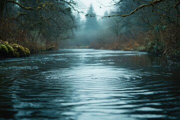 Fototapeta premium Tranquil river flows through a misty forest, creating gentle ripples in the still water, framed by lush greenery.