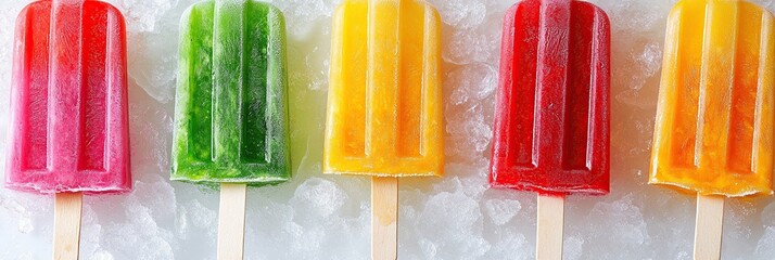 Five colorful popsicles sit on a bed of ice, each with a unique fruit flavor and a wooden stick.
