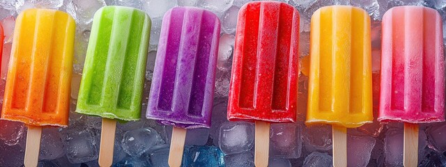 A row of colorful popsicles rests on a bed of ice, showcasing a vibrant spectrum of fruity flavors.