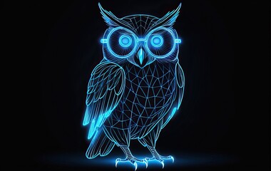 Futuristic neon owl with glasses on dark background, night concept