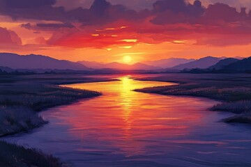 A serene river reflects a vibrant sunset sky over distant mountains, showcasing nature's peaceful beauty in a painterly style.