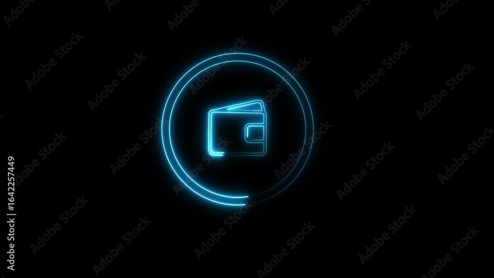 Poster glowing neon wallet icon animation .wallet icon with circular refresh arrows isolated on black backg