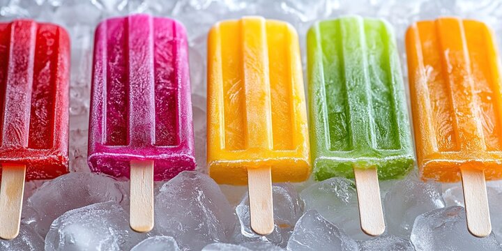 A row of colorful popsicles sits on a bed of ice, each with a wooden stick.