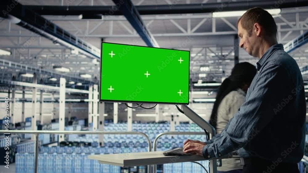 Poster it expert monitors server farm activity using green screen workstation. data center system administr