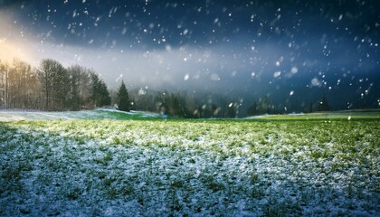 behold a magnificent spectacle unfolds before your eyes as ethereal dance of sleet and snow delicately blankets emerald meadows revealing striking contrast between seasons intricate clarity of eve