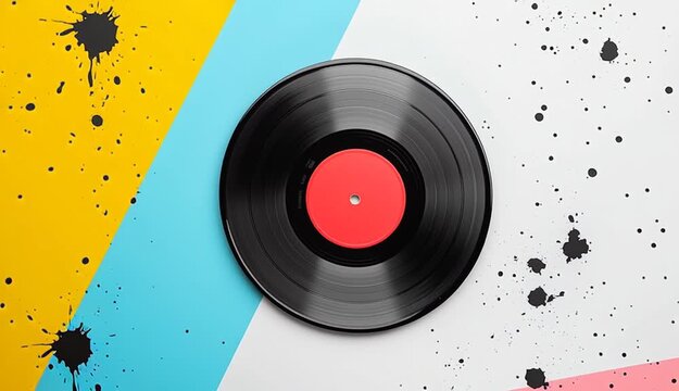 A black vinyl record with a red label placed on a vibrant abstract background