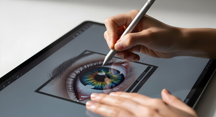 Digital artist working on detailed eye illustration using a stylus on a graphic tablet with high resolution display for creative design and digital art projects