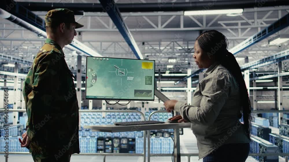 Poster military data center coworkers looking at radar software on screen to watch for enemy threats. team 