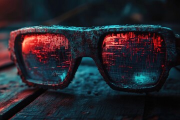 Futuristic glasses with intricate red and blue digital patterns reflected, lying on a textured wooden surface, evocative of technology.