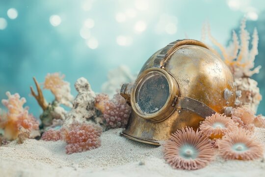 An old diving helmet sits on the sandy ocean floor, surrounded by colorful coral and anemones. - Powered by Adobe
