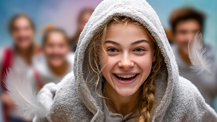Smiling girl wearing hooded jacket with friends blurred in background, floating white feathers adding a whimsical touch to the scene.